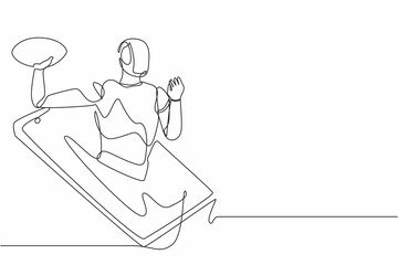 Poster - Single one line drawing robot come out from cellular phone and throw american football ball. Future technology. Artificial intelligence, machine learning process. Continuous line graphic design vector