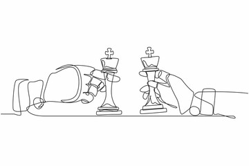 Poster - Single continuous line drawing robots hands holding king chess piece and the other hand too. Robotics artificial intelligence. Electronic technology industry. One line draw design vector illustration