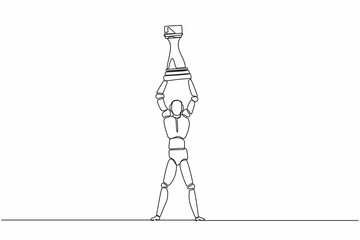 Poster - Continuous one line drawing robot standing and lifting up rook chess piece. Humanoid robot cybernetic organism. Future robotics development concept. Single line draw design vector graphic illustration