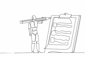 Poster - Single continuous line drawing robot carrying big pencil and looking clipboard. Future technology development. Artificial intelligence and machine learning process. One line draw graphic design vector