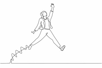 Poster - Single one line drawing happy businesswoman jumping with spreads both legs and raises one hand. Saleswoman celebrates salary increase from company. Continuous line design graphic vector illustration