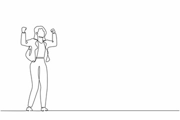 Poster - Continuous one line drawing happy businesswoman standing with raised her clenched hands. Female manager celebrating success of increasing company product sales. Single line draw design vector graphic