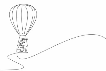 Poster - single continuous line drawing robots with monocular, ride hot air balloon briefcase. modern robotic