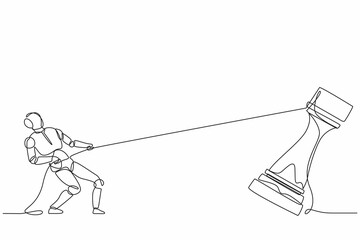 Poster - Single one line drawing robot pulling big rook chess with rope. Future technology development. Artificial intelligence machine learning process. Continuous line draw design graphic vector illustration