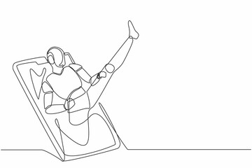 Poster - Single continuous line drawing robots come out from cellular phone with kicking pose. Modern robotics artificial intelligence technology. Electronic technology. One line draw graphic design vector