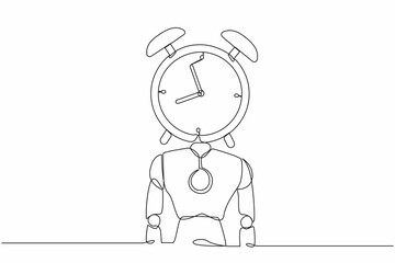 Poster - Continuous one line drawing robot with alarm clock instead of head. Future technology development. Artificial intelligence and machine learning process. Single line design vector graphic illustration
