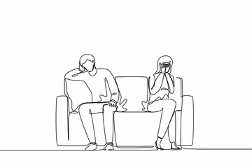 Wall Mural - Single one line drawing sad unhappy husband and wife sitting on couch and keeping silence after quarrel at home. Problems in communication and fight. Continuous line design graphic vector illustration