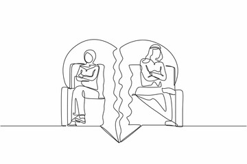 Poster - Single one line drawing unhappy stubborn Arab couple sit separate on cut couch have family fight or quarrel. Angry mad man and woman lovers avoid ignore talking. Continuous line design graphic vector