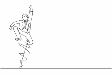 Poster - Single one line drawing happy businessman jump with folds one leg and raises one hand. Male manager celebrating success of increasing company product sales. Continuous line draw graphic design vector