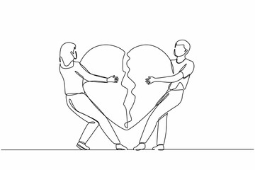 Poster - continuous one line drawing lovers broken heart. young man, woman pulled apart causing each other fe