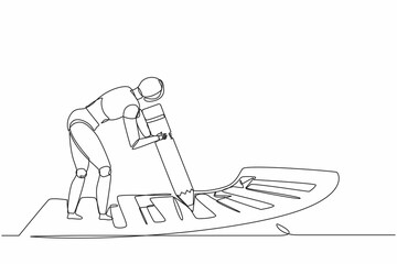 Poster - Continuous one line drawing robots standing near big checklist and fills out questionnaire with pencil. Humanoid robot cybernetic organism. Future robotics development. Single line draw design vector