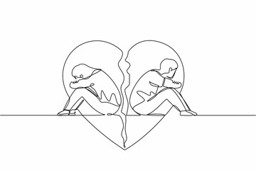 Poster - Single one line drawing couple of man and woman, sitting back to back, sad and angry on each other. Breaking up, relationship issues, broken heart, separating. Continuous line graphic design vector