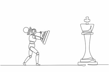 Poster - Single one line drawing robot holding pawn chess piece to beat king chess. Future technology development. Artificial intelligence machine learning process. Continuous line draw design graphic vector