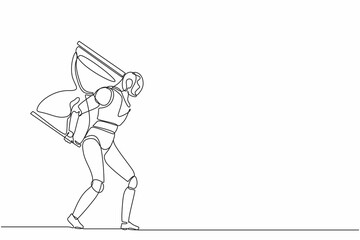 Poster - Single one line drawing robot carrying heavy big hourglass. Future technology development. Artificial intelligence and machine learning process. Continuous line draw design graphic vector illustration
