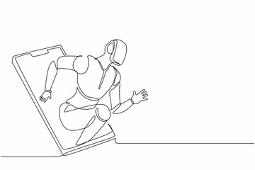 Poster - Single continuous line drawing robots come out from cellular phone with runner pose. Modern robotics artificial intelligence technology. Electronic technology industry. One line graphic design vector