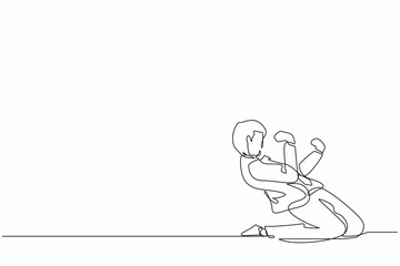 Poster - Continuous one line drawing happy businessman kneeling with celebrating goal pose. Office worker celebrate success of company financial project. Single line draw design vector graphic illustration