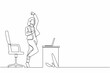 Single continuous line drawing happy businesswoman jumping and dancing on the her workplace. Female manager celebrating success of increasing company product sales. One line draw graphic design vector