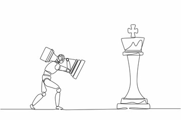 Poster - Single one line drawing robot holding rook chess piece to beat king chess. Future technology development. Artificial intelligence machine learning process. Continuous line draw design graphic vector