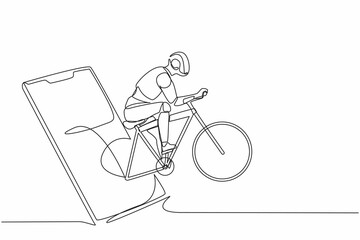 Poster - single continuous line drawing robots come out from cellular phone and pedaling a road bike. modern 