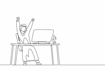 Poster - single one line drawing happy arab businessman sitting with raised hands on the his workplace. offic