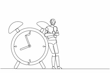 Poster - Single one line drawing robots lean on huge alarm clock. Modern robotics artificial intelligence technology. Electronic technology industry. Continuous line draw design graphic vector illustration