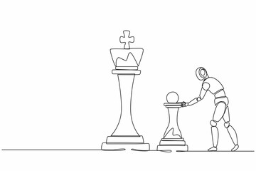 Poster - Single continuous line drawing robots push huge pawn chess piece to take down king. Modern robotics artificial intelligence. Electronic technology industry. One line graphic design vector illustration