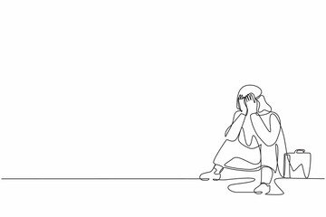 Poster - Continuous one line drawing sad Arab businessman cover his face by hands and sitting on the floor. Depression disorder, sad, sorrow, disappointment symptom. Single line draw design vector illustration