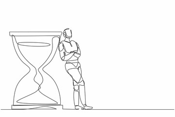 Poster - Single one line drawing robot lean on giant hourglass. Future technology development. Artificial intelligence and machine learning process. Continuous line draw design graphic vector illustration