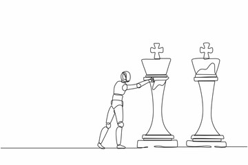 Poster - Single one line drawing robot push huge king chess piece to take down the other king. Future technology. Artificial intelligence machine learning process. Continuous line draw design graphic vector