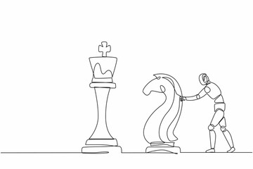 Poster - Continuous one line drawing robots push huge knight horse chess piece to take down king. Humanoid robot cybernetic organism. Future robotics development concept. Single line draw design vector graphic