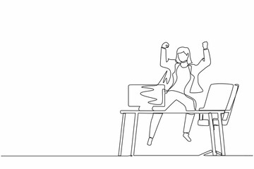 Poster - Continuous one line drawing happy businesswoman jump with raised hands on her workplace. Female manager celebrating success of increasing company product sales. Single line draw design vector graphic