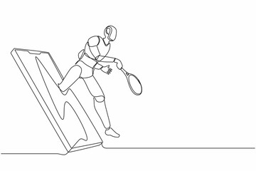 Poster - Single continuous line drawing robot come out from cellular phone and doing jump smash with badminton racket. Robotics artificial intelligence technology. Electronic technology. One line design vector