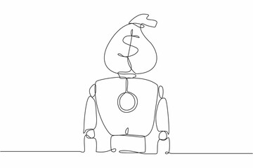 Poster - Single one line drawing robot with money bag instead of head. Future technology development. Artificial intelligence and machine learning process. Continuous line design graphic vector illustration
