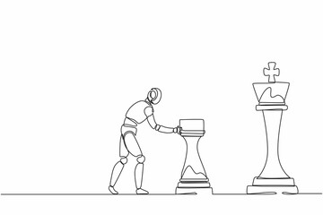 Poster - Single continuous line drawing robots push huge rook chess piece to take down king. Modern robotics artificial intelligence technology. Electronic technology industry. One line graphic design vector