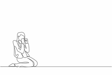Poster - Single continuous line drawing happy businesswoman kneeling with gesture of both hands yes.