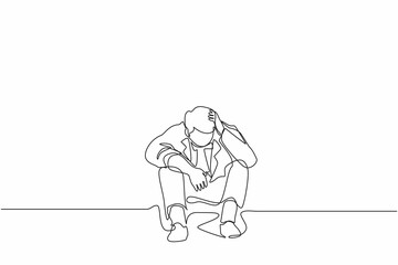 Wall Mural - Single one line drawing businessman feeling sad, depression, holding head, and sitting on the floor. Frustrated worker mental health problems. Continuous line draw design graphic vector illustration