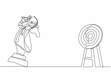 Poster - Single one line drawing robot holding archery aiming target while riding chess knight horse. Future technology. Artificial intelligence machine learning process. Continuous line graphic design vector