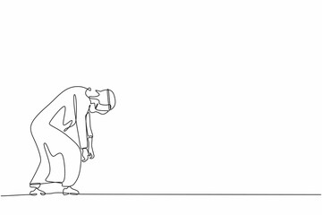 Poster - continuous one line drawing sad arab businessman bowed down. man feeling lonely and having mental pr