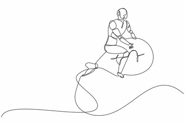 Poster - single continuous line drawing robots riding big money bag rockets. modern robotics artificial intel