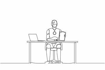 Poster - Continuous one line drawing robots sitting near office desk and showing clipboard. Humanoid robot cybernetic organism. Future robotics development concept. Single line draw design vector illustration