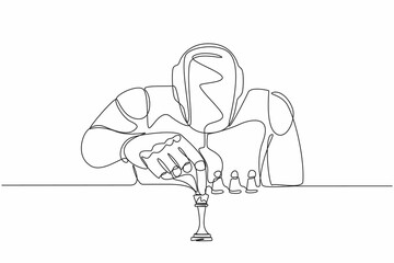 Poster - Single continuous line drawing robots sitting and moving chess figure. Modern robotics artificial intelligence technology. Electronic technology industry. One line graphic design vector illustration