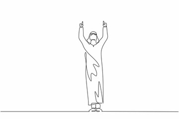 Poster - Single continuous line drawing happy Arab businessman standing and both hands pointing with index fingers. Salesman celebrates salary increase from company. One line graphic design vector illustration