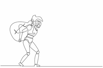 Poster - Continuous one line drawing robots carry heavy huge bag full cash of money. Humanoid robot cybernetic organism. Future robotics development concept. Single line draw design vector graphic illustration