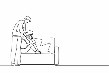 Poster - Continuous one line drawing man giving support and comfort to depressed crying woman, touching shoulders, helping to go through stress and anxiety. Empathy. Single line draw design vector illustration
