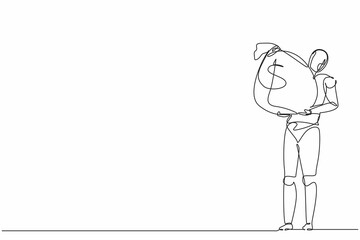 Poster - Single one line drawing robot carrying big heavy sack full cash money. Future technology development. Artificial intelligence and machine learning process. Continuous line draw design graphic vector