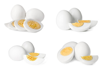 Set with tasty hard boiled eggs on white background