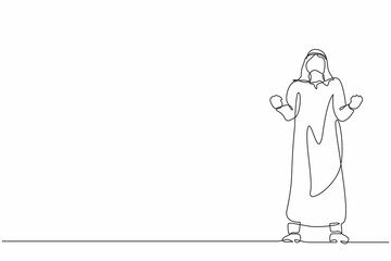 Poster - Single continuous line drawing happy Arabian businessman standing with both hands do gesture yes. Young office worker celebrate success of company project. One line graphic design vector illustration