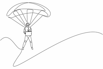 Poster - Single one line drawing robots jump with parachute and holding briefcase. Humanoid robot cybernetic organism. Future robotics development concept. Continuous line design graphic vector illustration