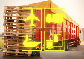 Wall Mural - Illustration of shipping icons and modern manual forklift with wooden pallets near truck outdoors on sunny day