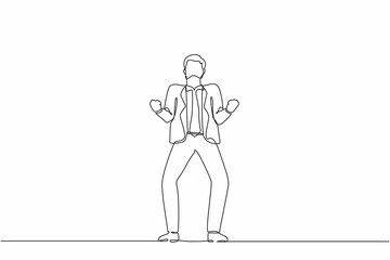 Poster - Continuous one line drawing happy businessman standing with both hands do gesture yes. Young office worker celebrate success of company project. Single line draw design vector graphic illustration